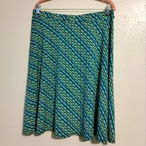 George Stretch Flowy Midi Skirt with Blue, Green, Yellow, Black and White Large